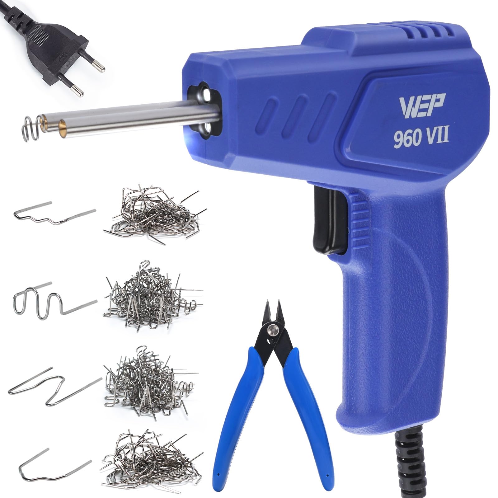WEP 960-VII Kit Soudure Plastique avec Poignée Ergonomique et Lumières LED avec 350 Agrafes Chaudes et Pinces pour Soudure de Pare-chocs de Voiture, Réparation de Réservoirs en Plastique(EU Plug)