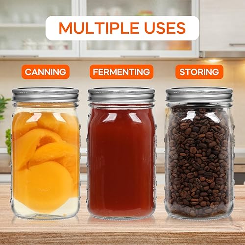 Miniatura 5 de TOEKSIX Tarros Mason de boca ancha de 32 onzas  cuarto de galón con tapas herméticas y bandas, paquete de 12, tarros de vidrio transparente para