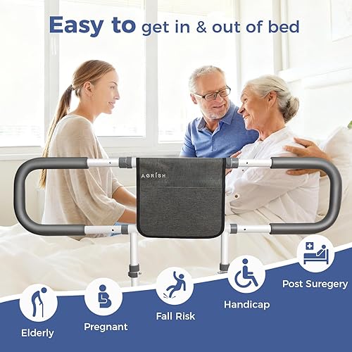 Miniatura 6 de Agrish Rieles de cama para adultos mayores, rieles de cama extendidos ajustables para personas mayores con bolsa, rieles laterales de cama aprobados