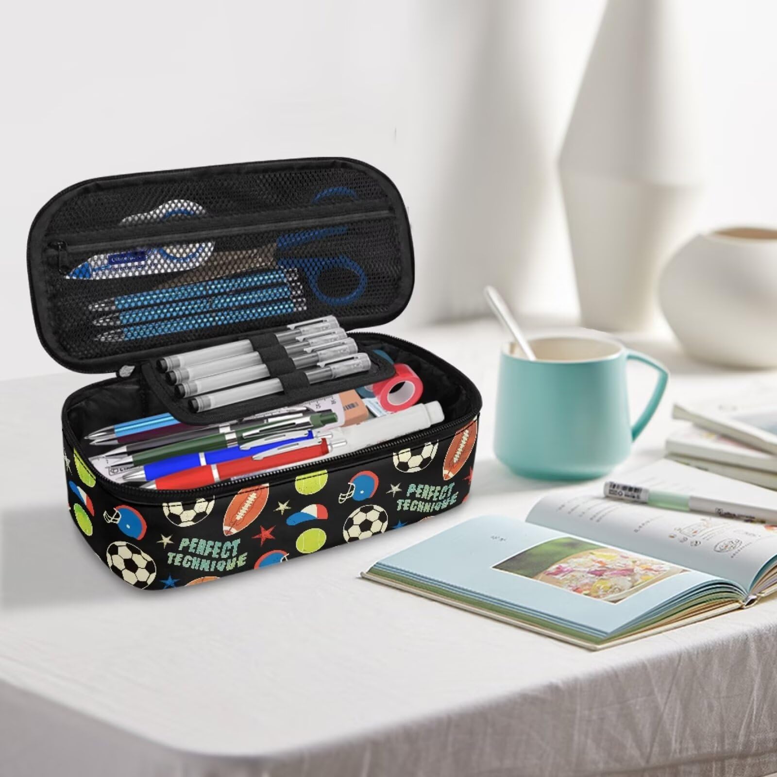 Dngkaoje Sports Themed Soccer Rugby Print Pencil Case for Kids Boys School Pen Bags Large Capacity Pouch for Kids Boys Girls School Supplies Stationery Organizer Case - Image 4
