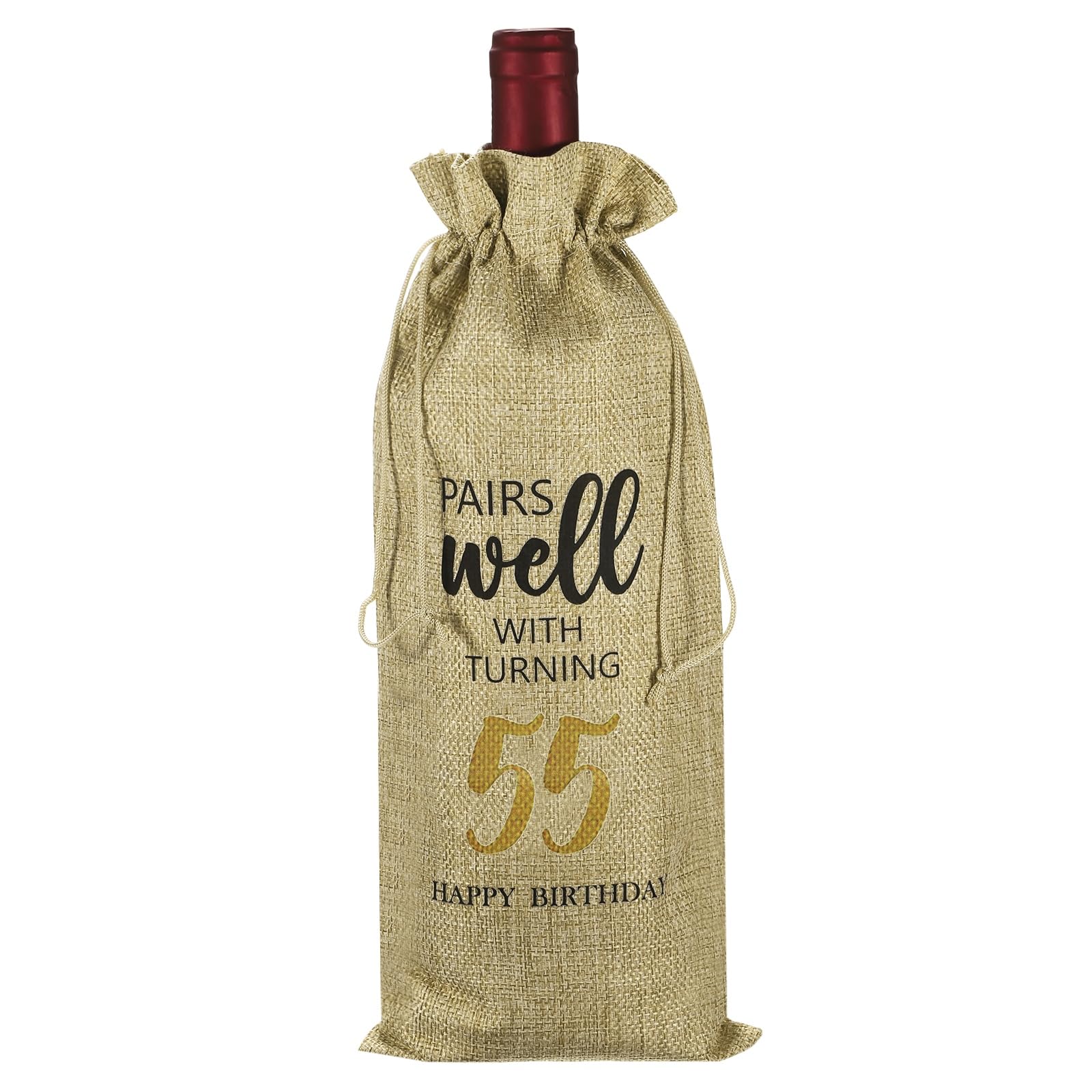 PATIKIL 6 x 14 Inch 55th Birthday Gift Wine Bottle Bag, 1 Pack Reusable Decorations Wine Bag with Drawstring for Friends Shower Favors Party, Beige