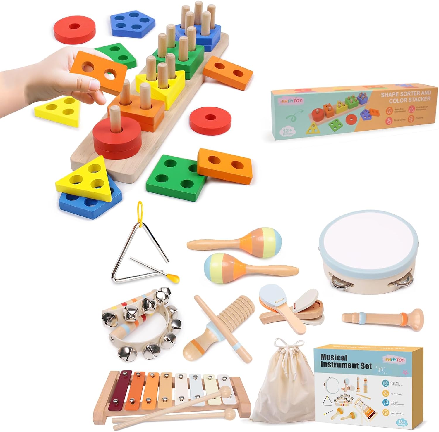 Montessori Toys for 1 Year Old, Wooden Baby Toy Sensory Educational Musical and Color Sorting Toys for Toddlers 1-3