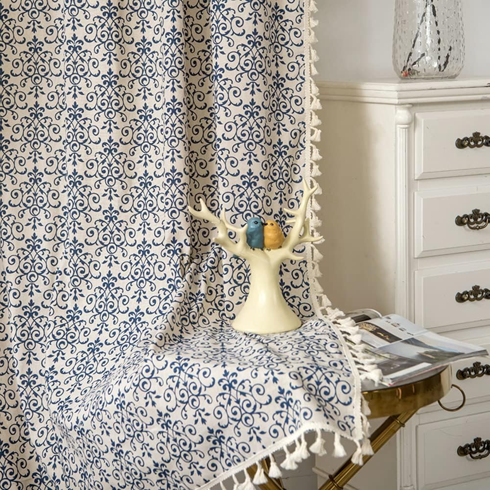 vctops Vintage Floral Print Curtains with Tassel Cotton Linen Rod Pocket Room Darkening Window Curtain Panel (Blue,59"x94")