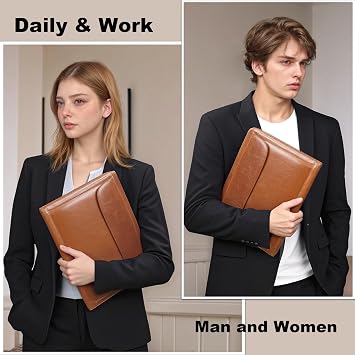 Genuine Leather Portfolio for Men Women Zipper Business Resume Padfolio Organizer Binder A4 Meeting Folder13 inch brown
