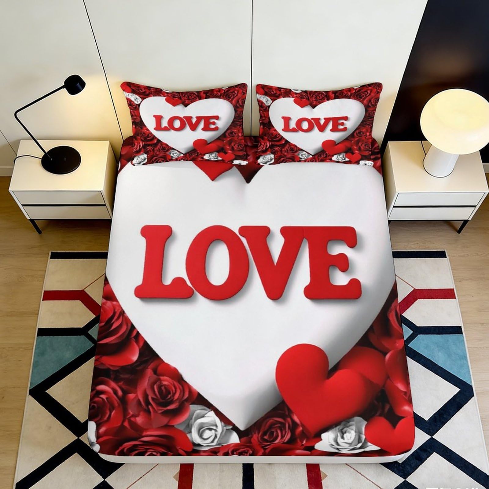 3D Printed Love Heart Fitted Sheet Microfiber Soft Breathable Romantic Roses Bed Cover for Bedroom Dormitory Guest Room Mattress Protection Decor 200x200x25cm