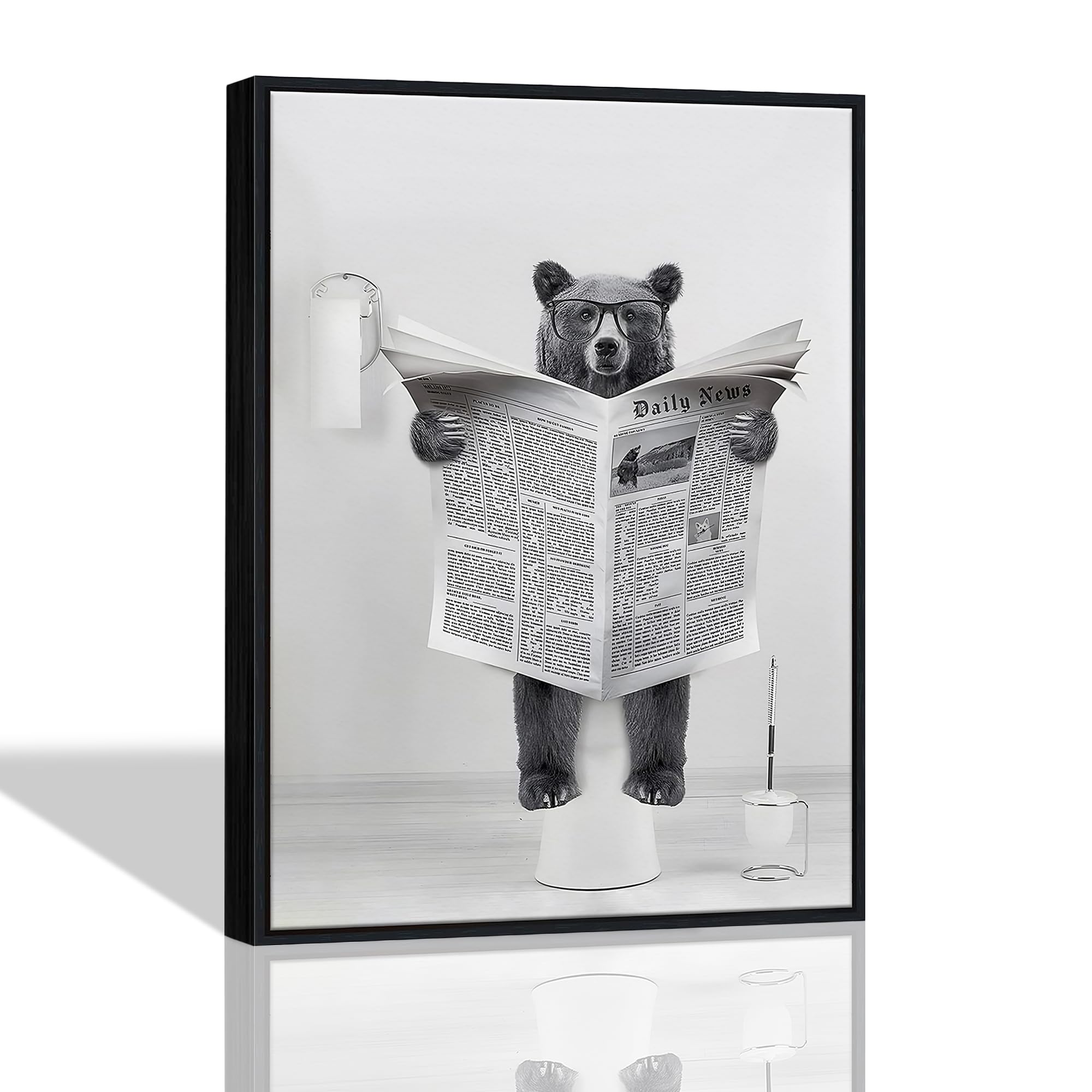 Funny Bear Bathtub, Minimalist Black and White Canvas Bear In Bathroom Picture, Humor Animals Bathroom Artwork Prints Rustic Farmhouse Style Wall Decor Ready To Hang for Living Room, Bathroom,