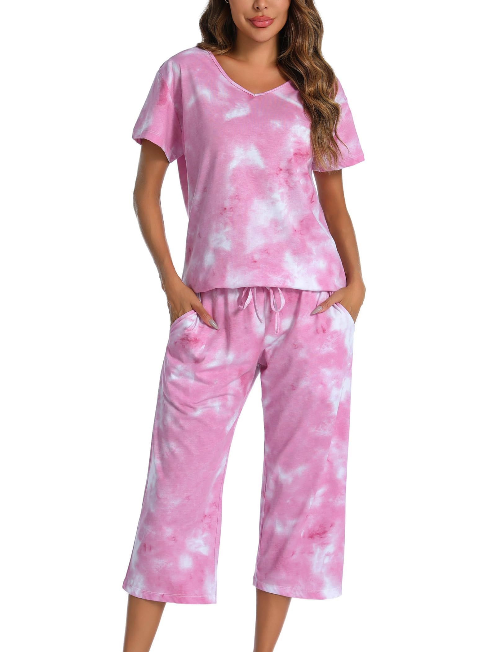Pigiama da donna a maniche corte e pantaloni lunghi a 3/4, set pigiama