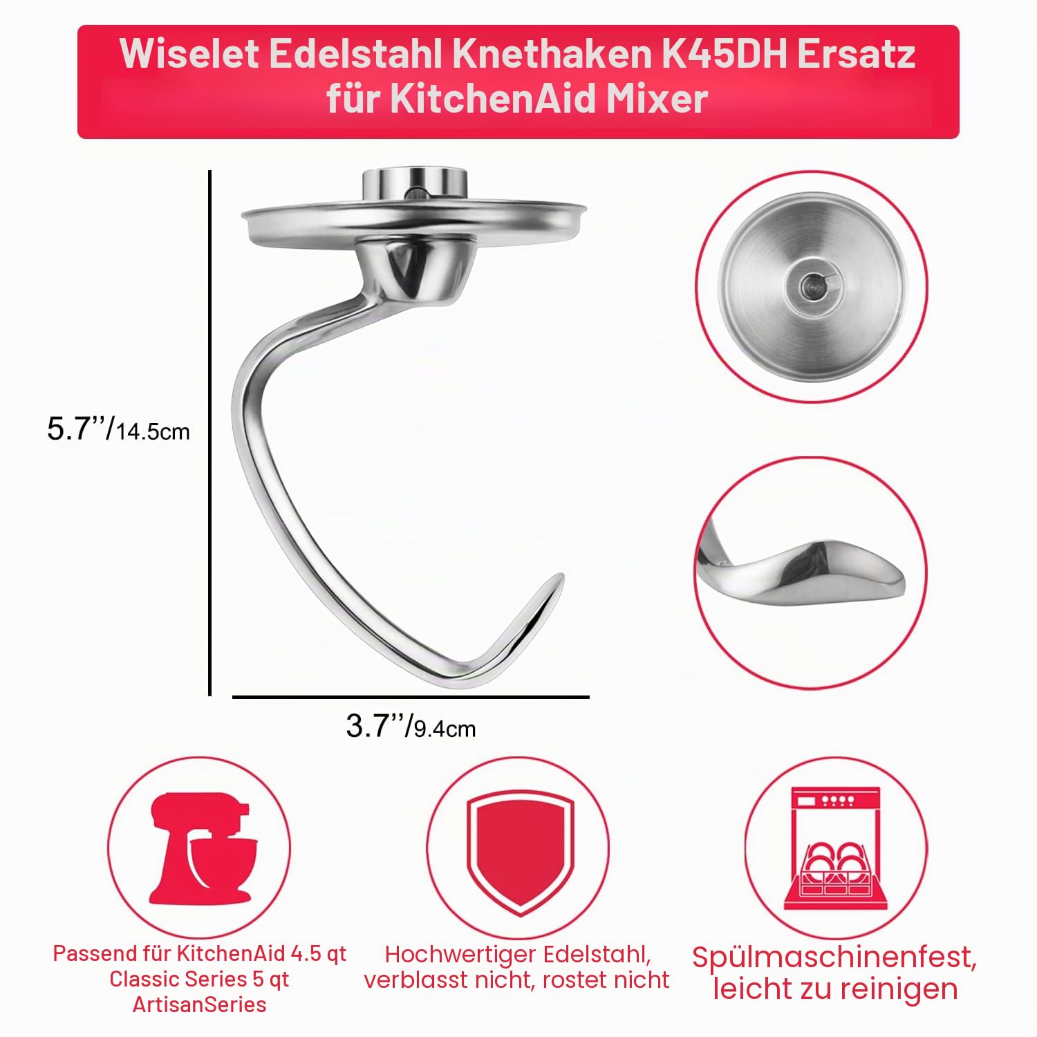 Knethaken aus Edelstahl für KitchenAid Standmixer, robust und spülmaschinenfest, passend für KitchenAid Classic und Artisan Serien