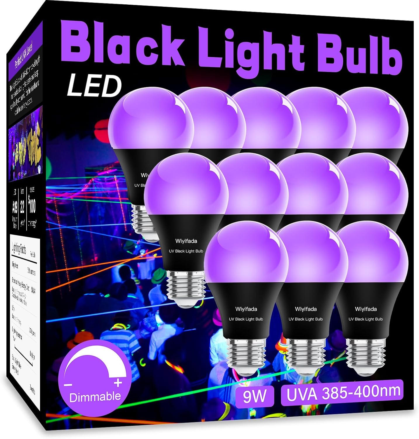 Wiyifada LED Black Light Bulbs 12 Pack, A19 9W Blacklight Bulb Replace
