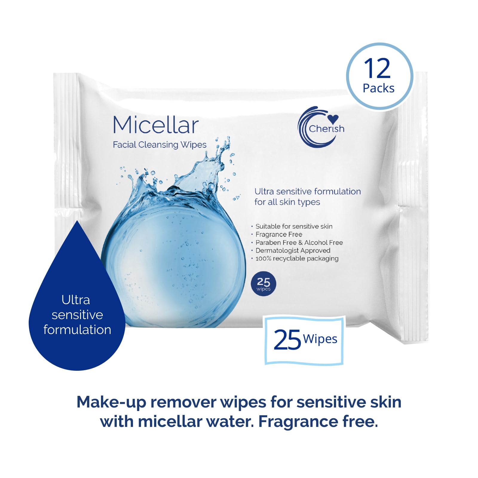 Cherish Hypoallergenic Facial Cleansing Micellar Water Wipes, Make Up Removal, Sensitive Skin (12 packs x 25 wipes totaling 300 wipes) - Image 4