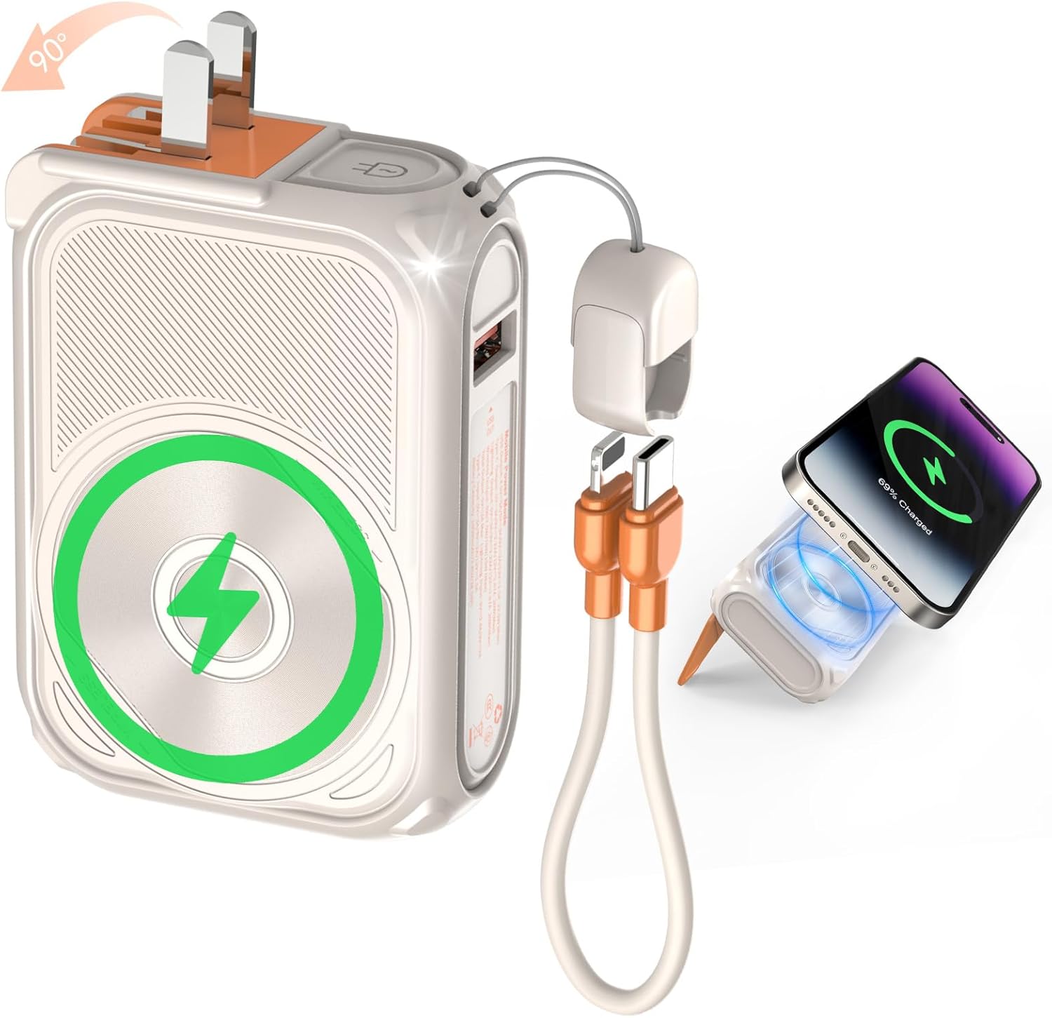 SEANCHEER P05 Portable Charger, Magnetic Power Bank, Small Wireless PowerBank, Battery Pack10000mAh Travel Essentials Fast Charging with Built in Cable, Foldable Wall Plug for iPhone,Samsung,Andriod