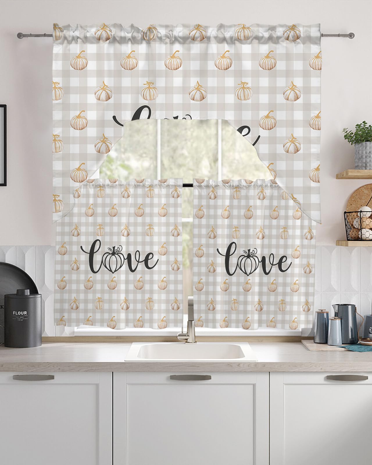 Thanksgiving Love Swag Kitchen Curtain Sets with Valance,3 Pieces Rod Pocket Curtain Drapes for Bedroom Living Room Bathroom Windows,Harvest Fall Festival Pumpkin Plaid 56''x36'' & 24''x27.5''x2Panels