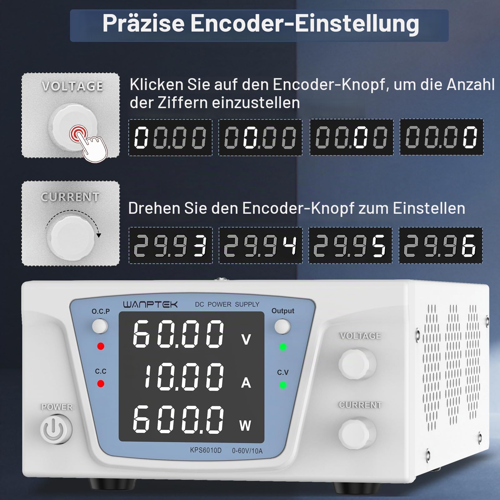 labornetzteil 60V 10A, Hochleistungs DC Regelbar Netzgerät 600W, labornetzgerät mit OCP-Schutz/Ausgangstaste/hochpräziser 4-stelliger LED-Anzeige und Drehgebersteuerung
