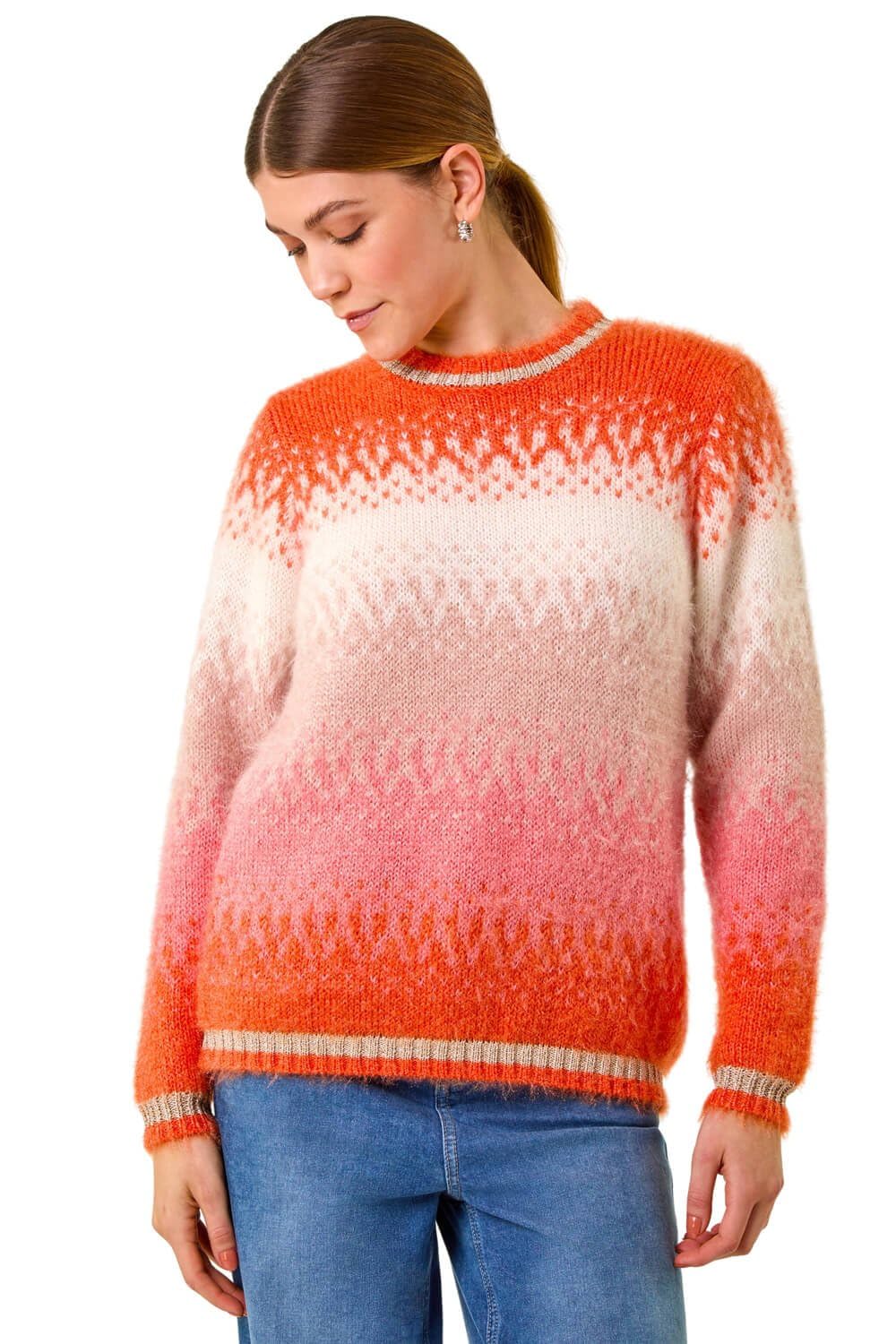 Roman Fluffy Yarn Jumper for Women UK Ladies Thick Sweater Warm Cosy Chunky Knitted Pullover Winter Furry Casual Smart Textured Everyday Cuddly Soft Knitwear - Orange - Size 16
