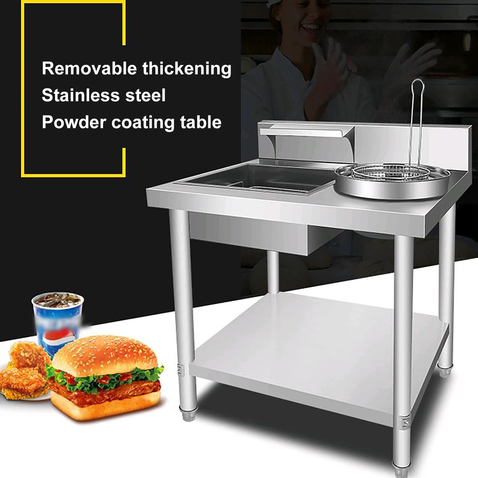 Bandeja de acero inoxidable con fondo reforzado para cocineros, fácil instalación, ideal para pollo frito y baguettes
