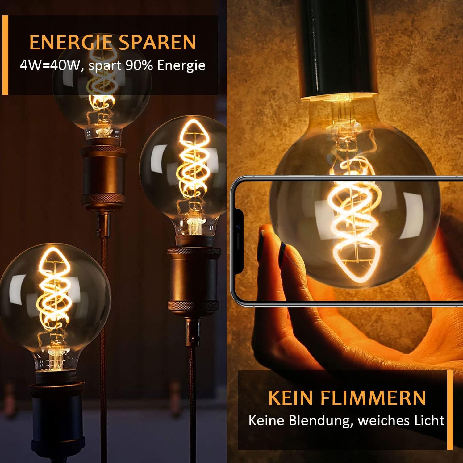 Edison Vintage Glühbirne E27 LED 4W Dimmbar Φ80mm, Rauchgrau - 6 Stück | Retro Design,Rauchgraues Glas,dekorativ,für Retro Beleuchtung Dekoration der Wohnungen, Bars, Hotels, Restaurants, Cafés
