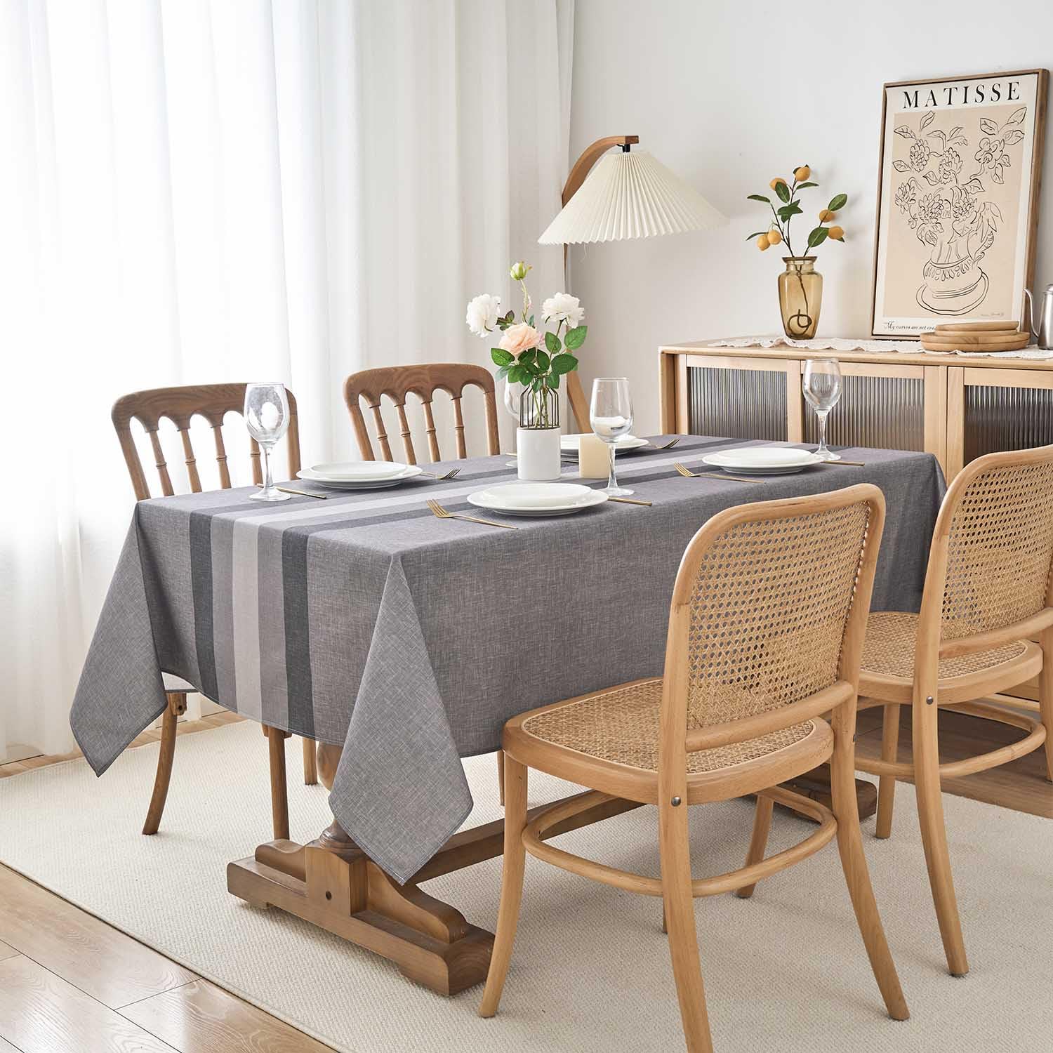 Tovaglia Antimacchia 240 x 140 cm Grigio Blu Strisce Autunnale Moderna Rettangolare Lavabile Impermeabile Effetto Lino Tovaglie per Cucina Ristorante Giardino Esterno Feste
