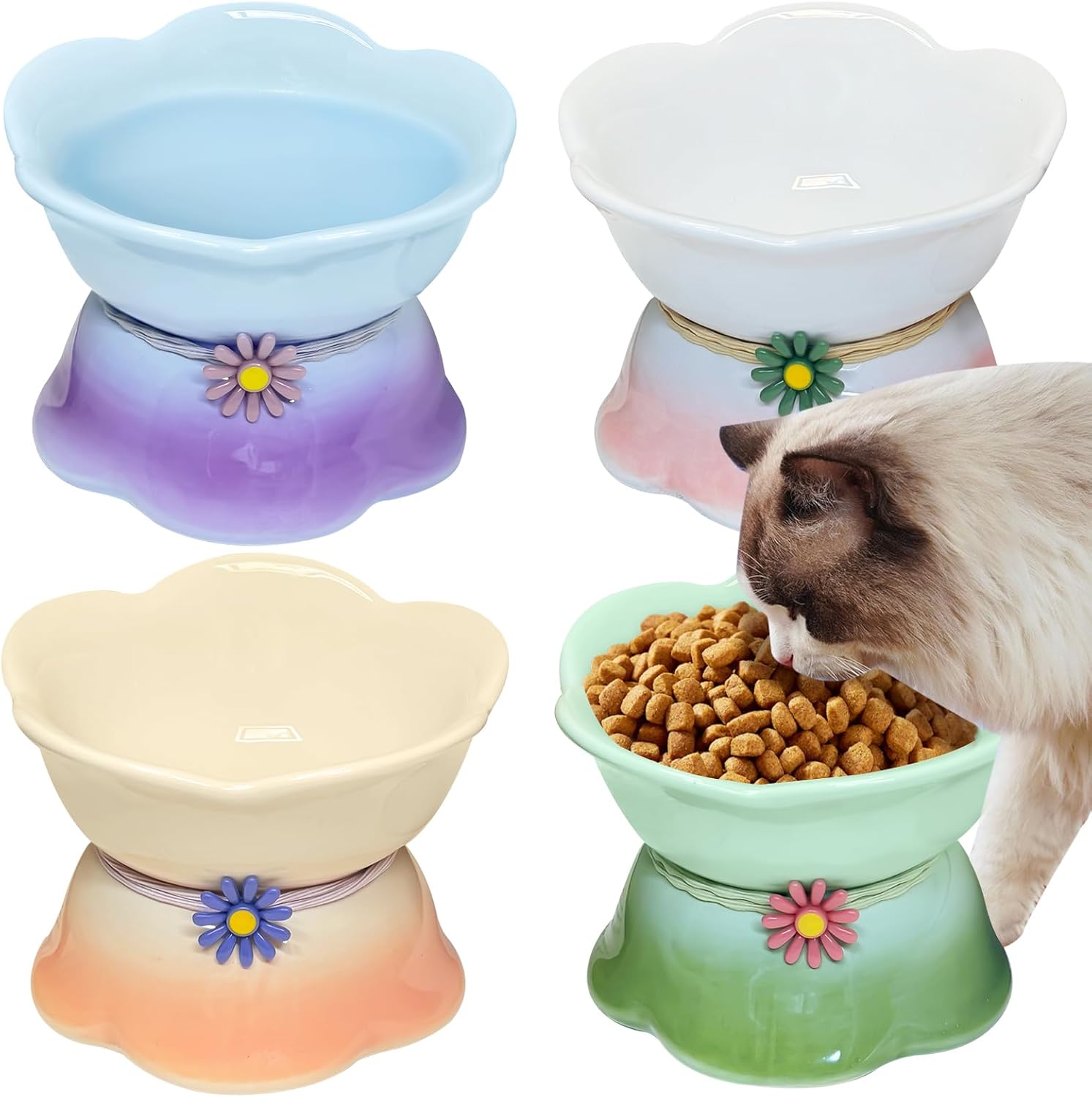 4Pcs Ceramic Raised Cat Bowl Elevated Cats Bowls Tilted Cat Food Dishes Pet Bowl Stand Feeder Cute Cats Bowl for Kittens Puppies Small Dog Whisker Fatigue Protect Kitten Spine