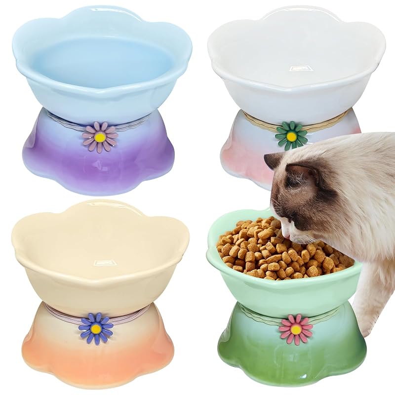 Pote Elevado para Gatos e Cães de Cerâmica Inclinado 15° Arfubye, Formato de Flor, Pacote com 4