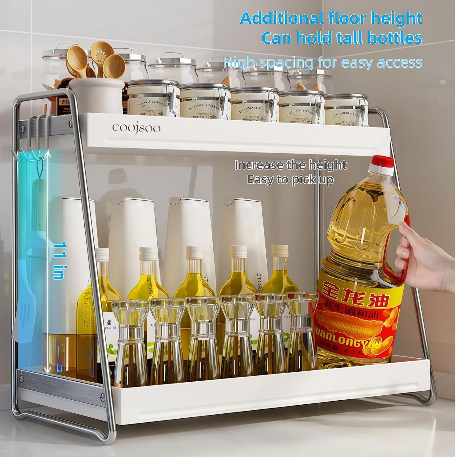 2 Tier Spice Rack Organizer, Kitchen Countertop Shelf with Hooks for Cabinet Pantry Seasoning Storage