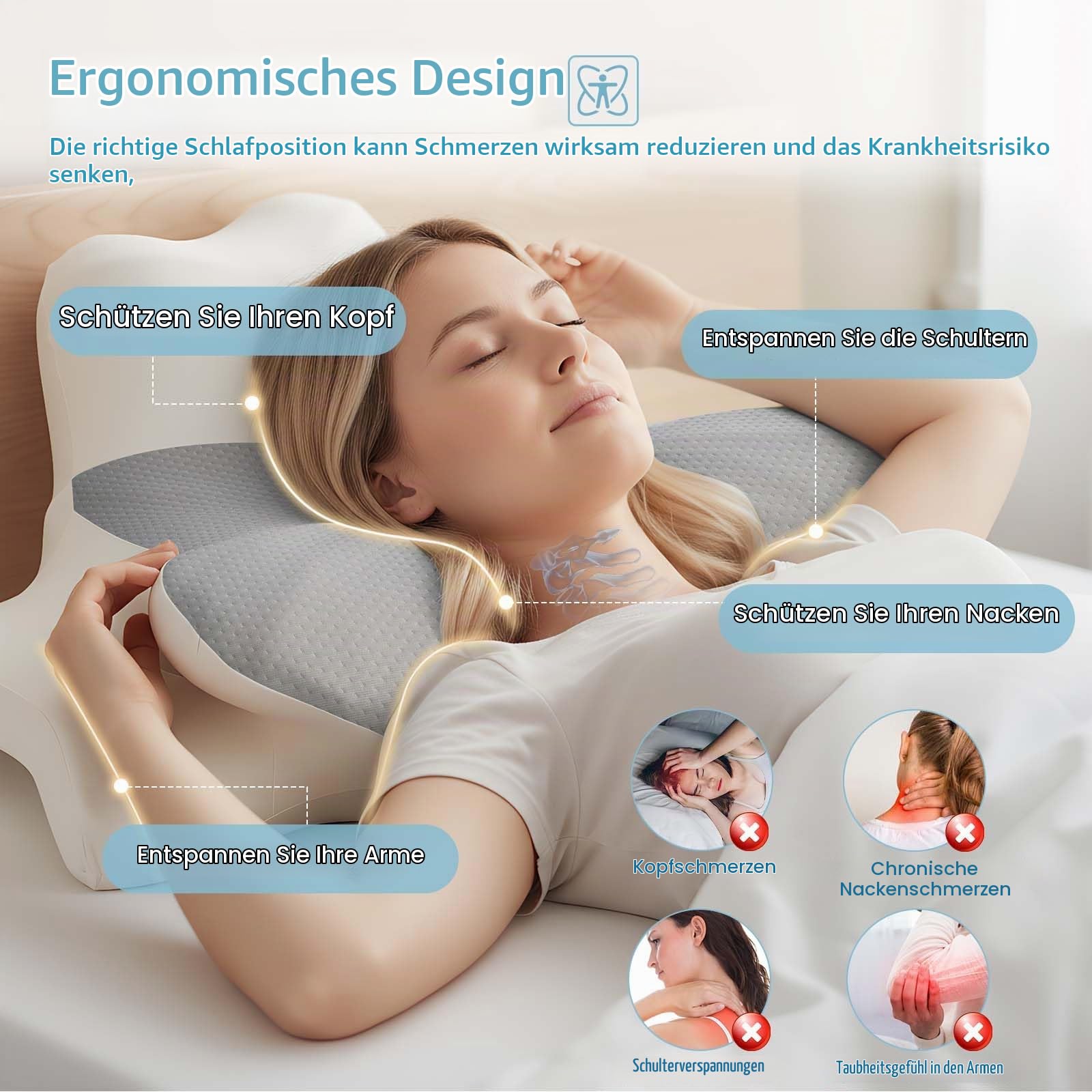 OKYUK 4 in 1 Nackenkissen Ergonomisch mit Zwei-Zonen-Design, Memory Foam Kissen mit Abnehmbarer Kissenbezug für Seiten Rücken & Bauchschläfer (Grau-weiße)