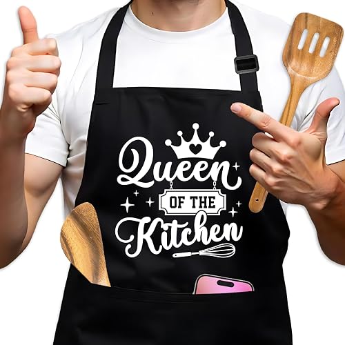 GOSJINNK Funny Baking Aprons for Women, Queen of The Kitchen Black Chef Apron, A