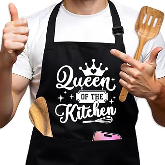 Funny Baking Aprons for Women, Queen of The Kitchen Black Chef Apron, Adjustable Kitchen Cooking Apron with Pockets, Valentines Day Gifts for Wife Baker, Mothers Day Gifts for Mom Grandma