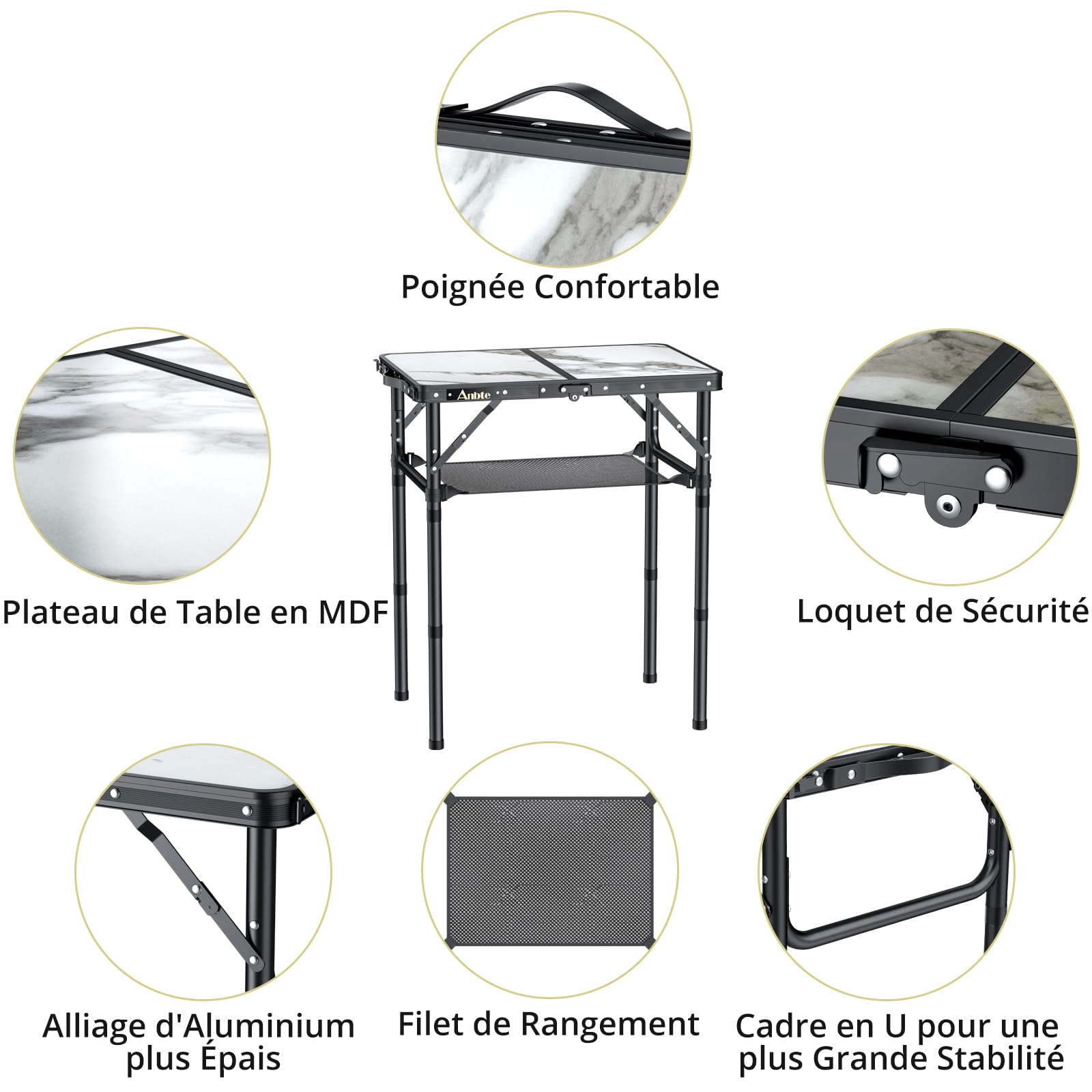 Table de camping pliante aluminium pique-nique jardin hauteur réglable panier 90x55x66cm noir - ComfortXL Outdoor Living - Gamm vert