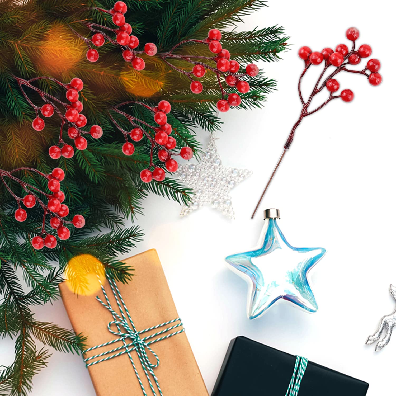 20 Rami Di Bacche Rosse Artificiali Per Natale | Agrifoglio In Schiuma E Seta Per Ghirlande E Alberi