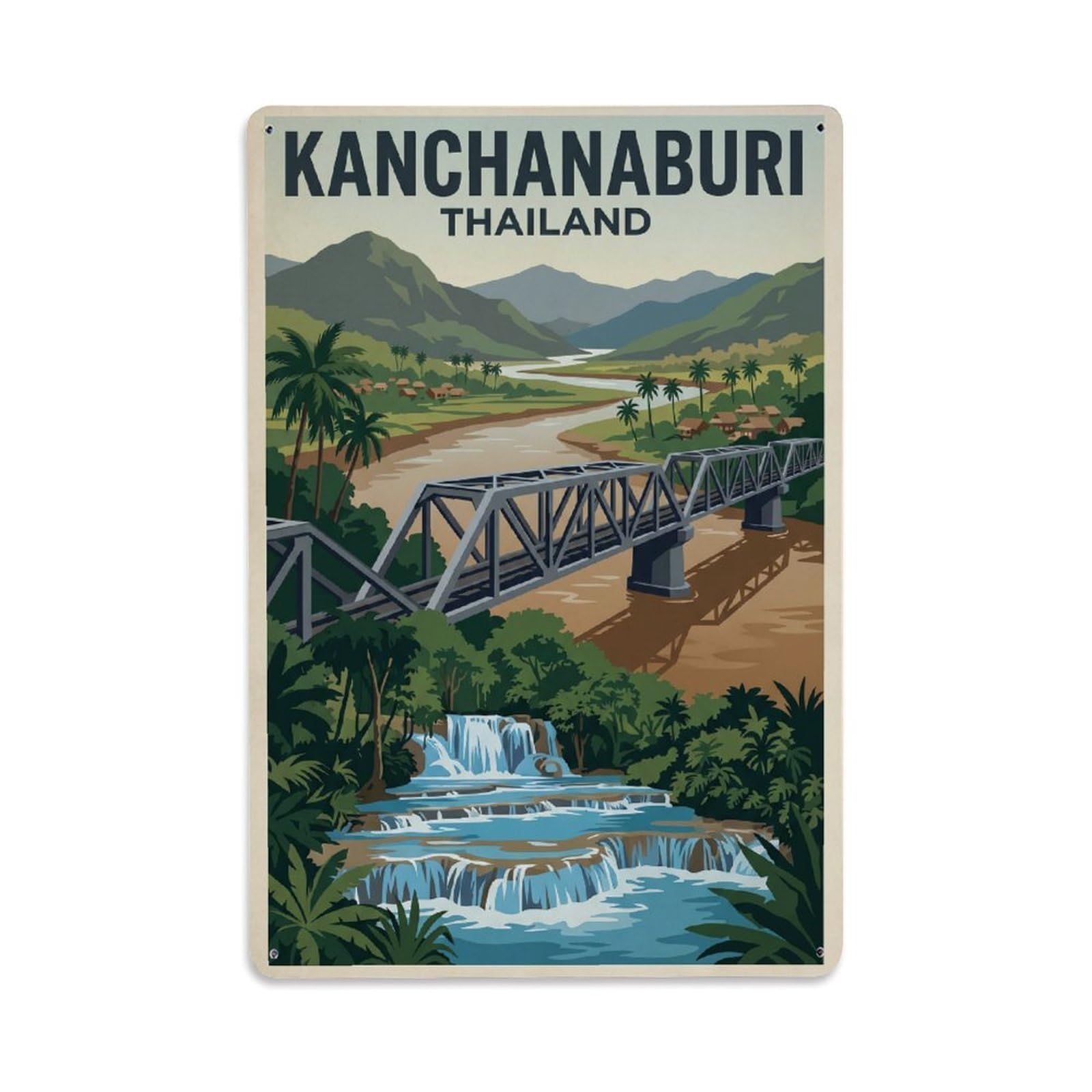 Retro Travel Thailand Kanchanaburi Metal Tin Sign Plaque Wall Decor for Cafe, Club Bar, Office, Garden Metal Poster 8x12Inch