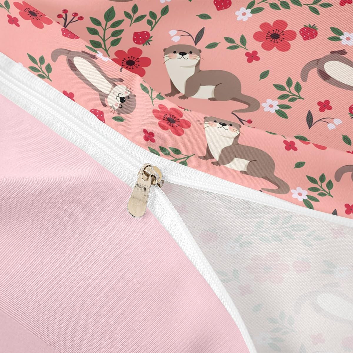 Lovely Otter Duvet Cover Full Size 3 Pcs Cartoon Pink Strawberry Flowers Decor Bedding Set for Kids Boys Girls Cute Wild Animals Rustic Style Comforter Cover with 2 Pillowcases(No Comforter)