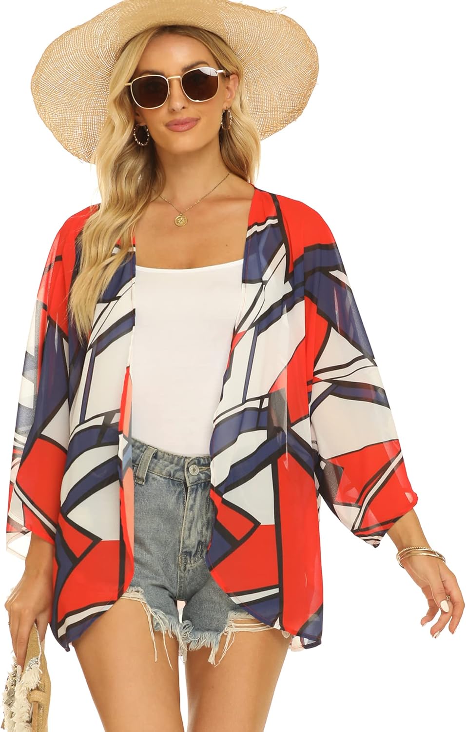 FaroDor Women's Short Sleeve Floral Kimono Cardigan Chiffon Loose Beach Wear Cover Up Tops - Image 2