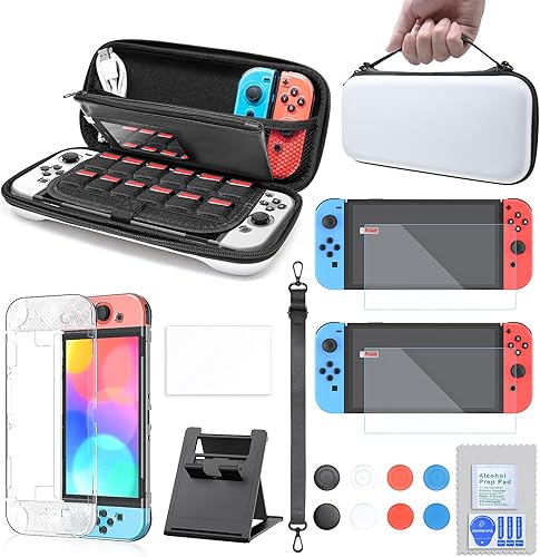 Funda y protector de pantalla de vidrio templado compatible con Nintendo Switch OLED bolsa de transporte portátil con bolsillo carcasa protectora
