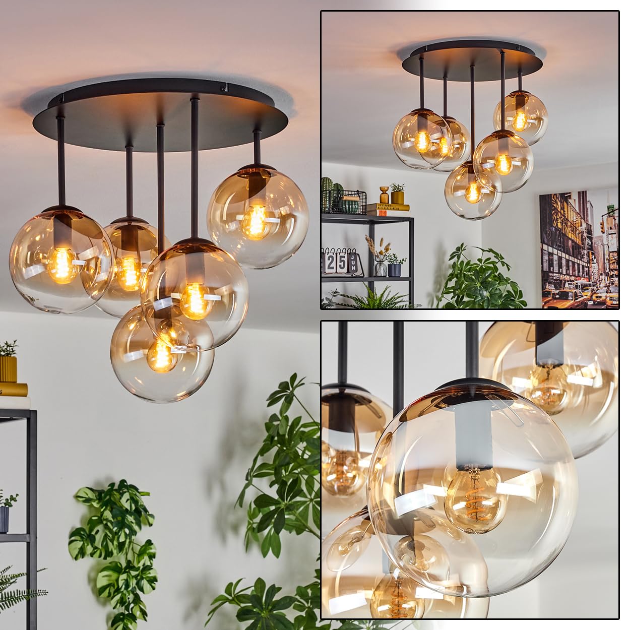 HOFSTEIN Deckenleuchte Gastor, 5-flammige Deckenlampe aus Metall/Glas in Schwarz/Bernstein/Klar, Leuchte im Retro/Vintage-Design (Schirme Ø 15 cm), E14, Esszimmer, Wohnzimmer, Schlafzimmer, Küche