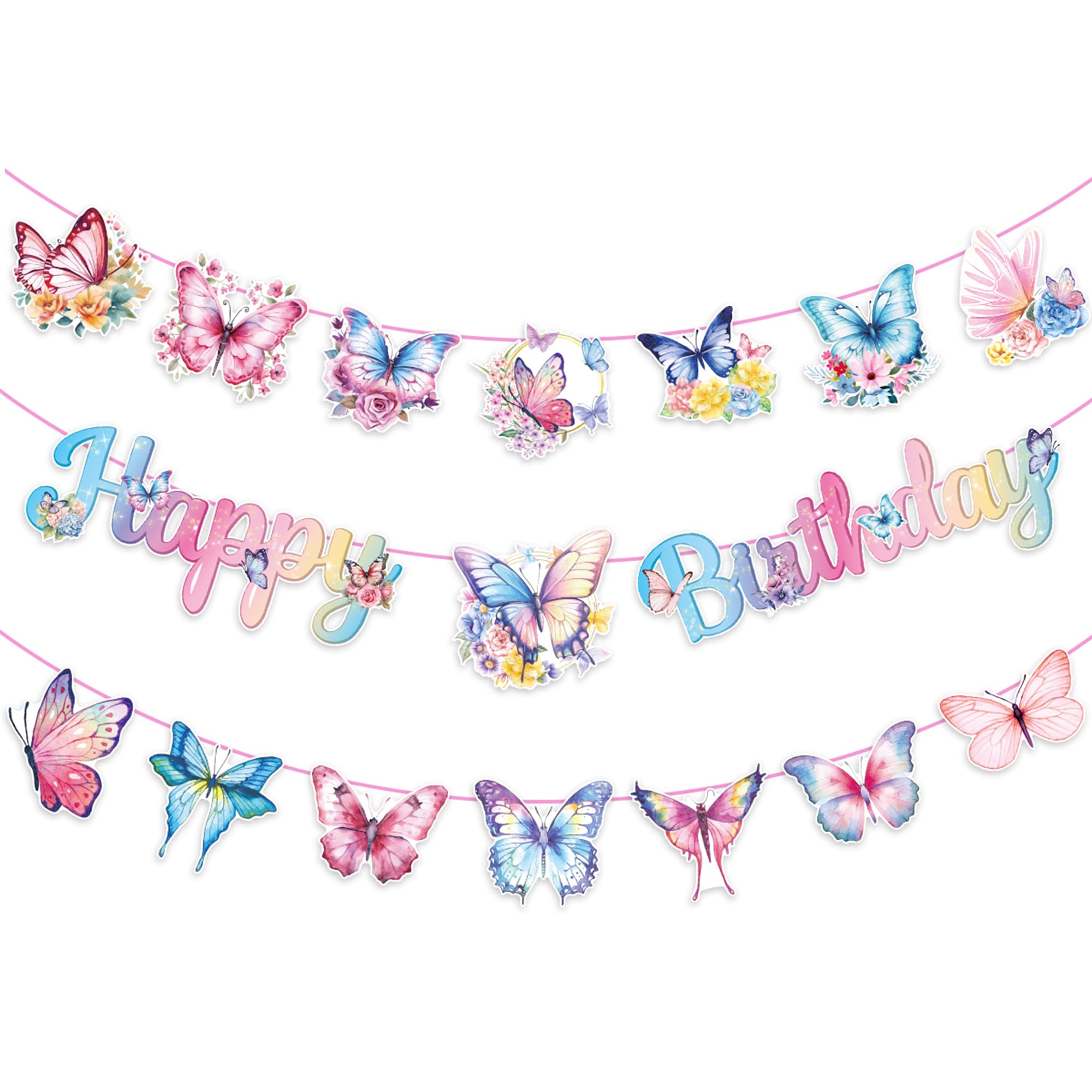 Butterfly Birthday Banner Butterfly Happy Birthday Banner Colorful Butterflies Theme Party Supplies Watercolor Butterflies Party Decorations for