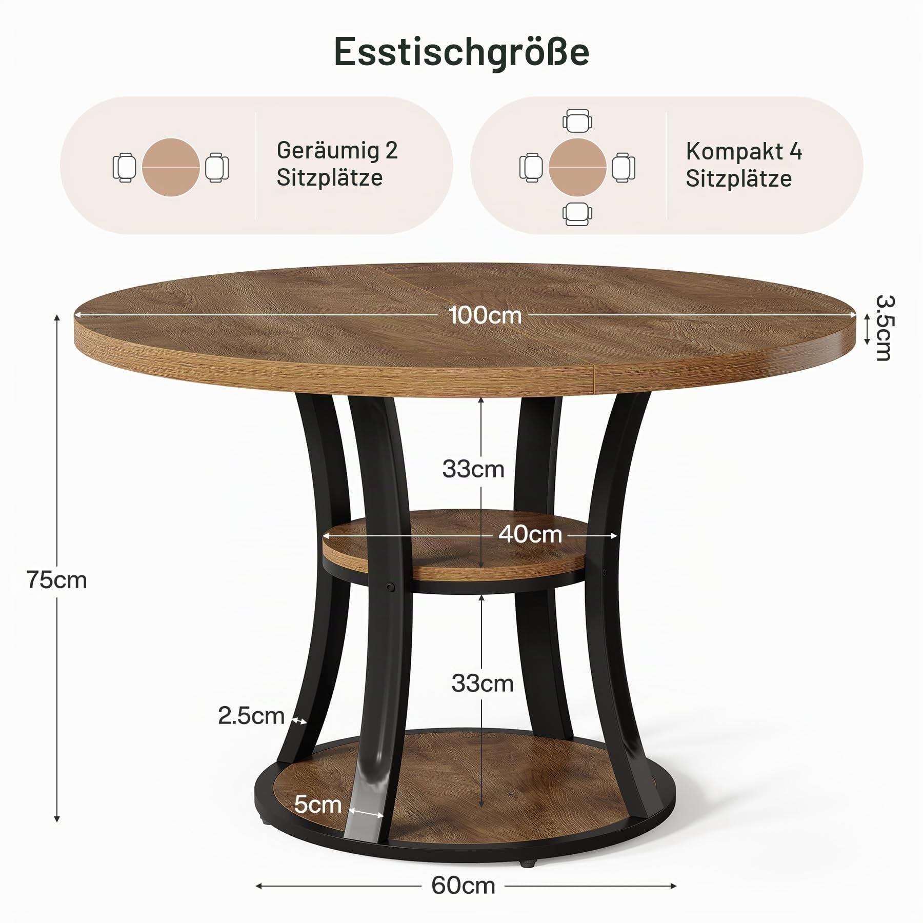 Tribesigns Runder Esstisch 100 cm für 4 Personen, Küchentisch mit 2-stufigem Stauraumregal, platzsparender Säulentisch, Landhaus-Stil für Esszimmer & kleine Räume (nur Tisch)
