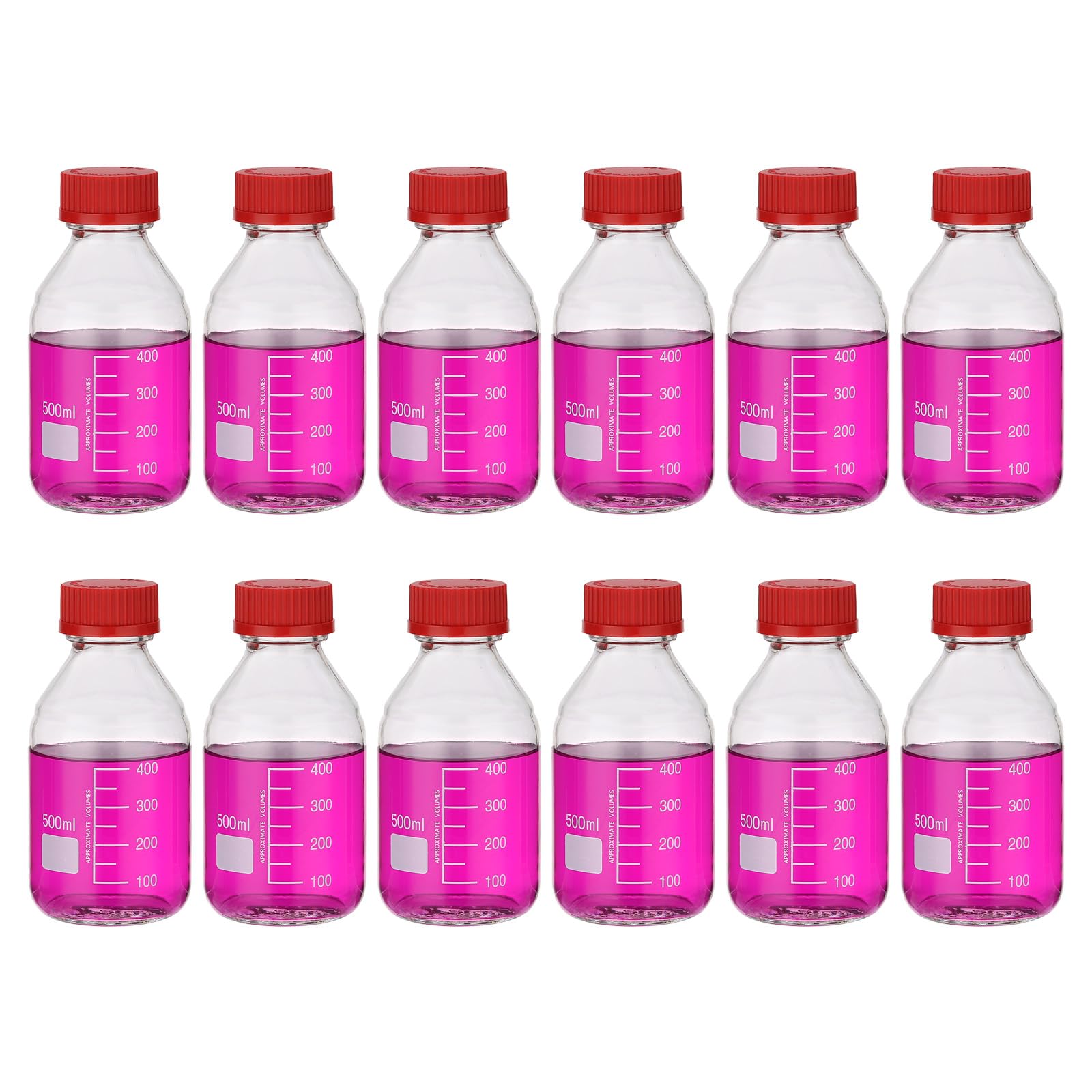 PATIKIL 12 Pack Botellas De Almacenamiento De Reactivos, 500ml Botellas Redondas Graduadas De Vidrio Borosilicato Con Tapa Roscada GL32 Roja Para Líquidos Reactivos De Laboratorio.