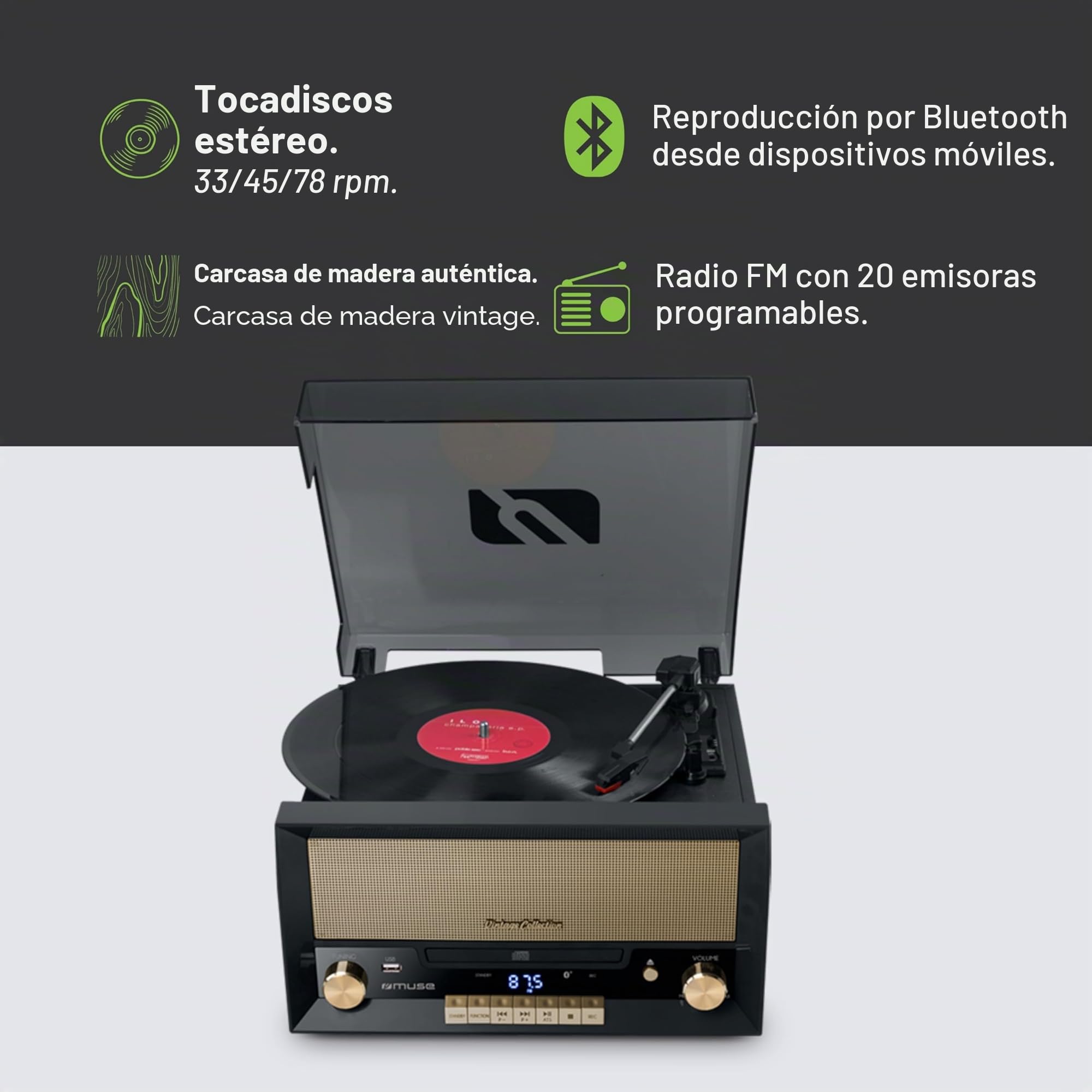 Muse MT-110 B - Micro Sistema CD y radio con Giradiscos Muse tres velocidades, bluetooth, USB y lector de tarjetas SD, caja madera, negro
