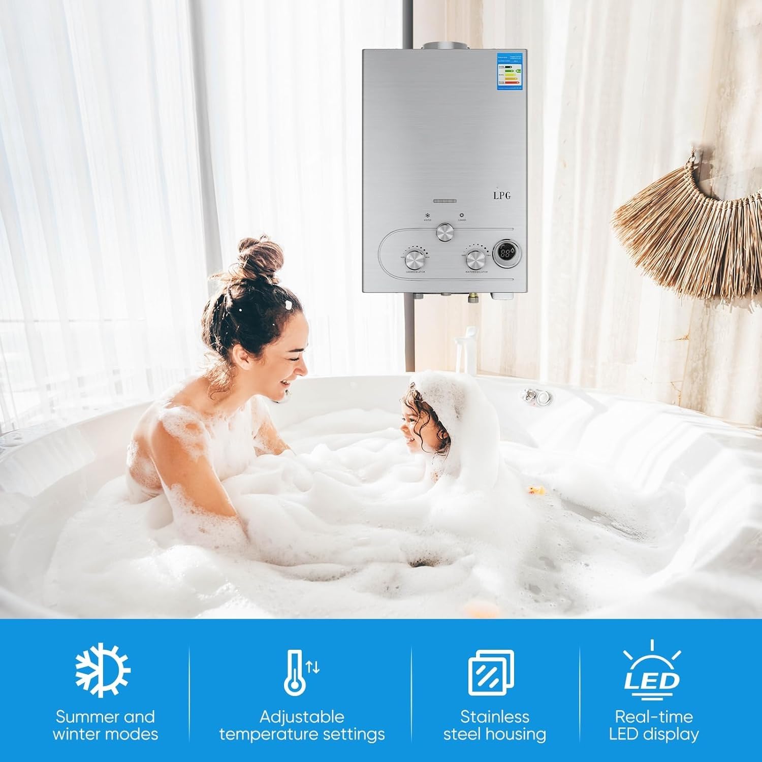 6L Chauffe Eau à Gaz,6 L/min,Instantané Chauffe Bain à Gaz Propane ou Butane,12KW Chaudière Instantanée à GPL avec Mode Hiver et Mode été pour Maison Camping Caravane