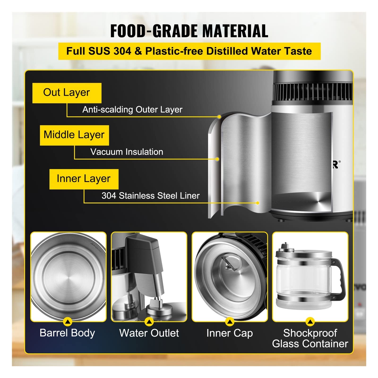 Filtro de agua pura de 4L, destilador de agua for el hogar de acero inoxidable 304, purificador de filtración Dental eléctrico(Gold)