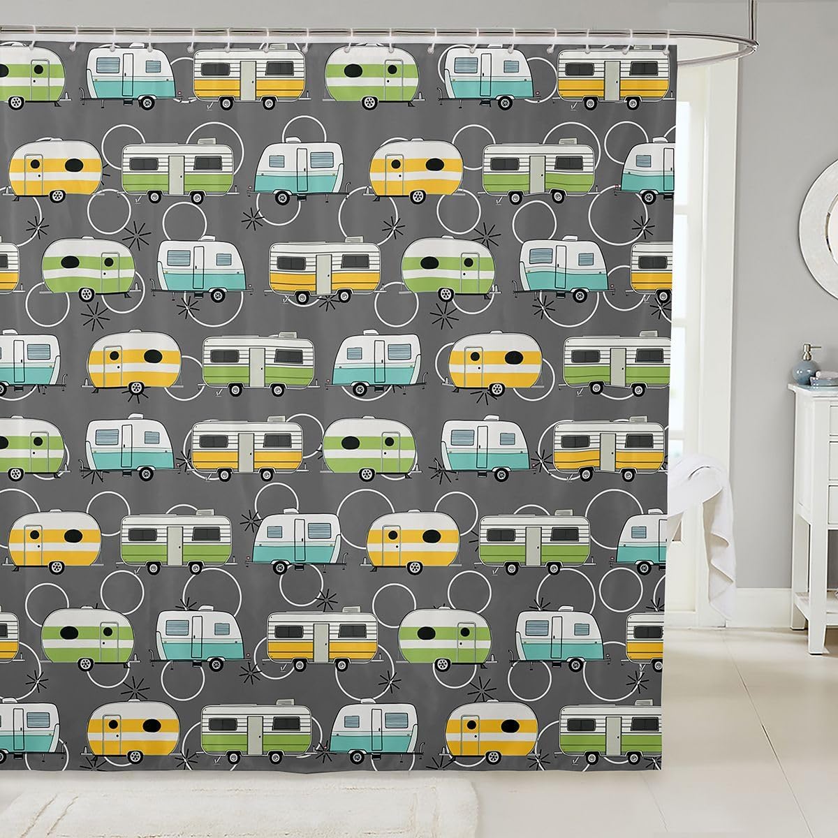 Erosebridal Camp Shower Curtain 72" Wx72 L Rv Waterproof Bathroom Accessories Colorful Rv Circular Retro Camping Bath Curtain for Bathroom Showers Cartoon Cute Car Camper