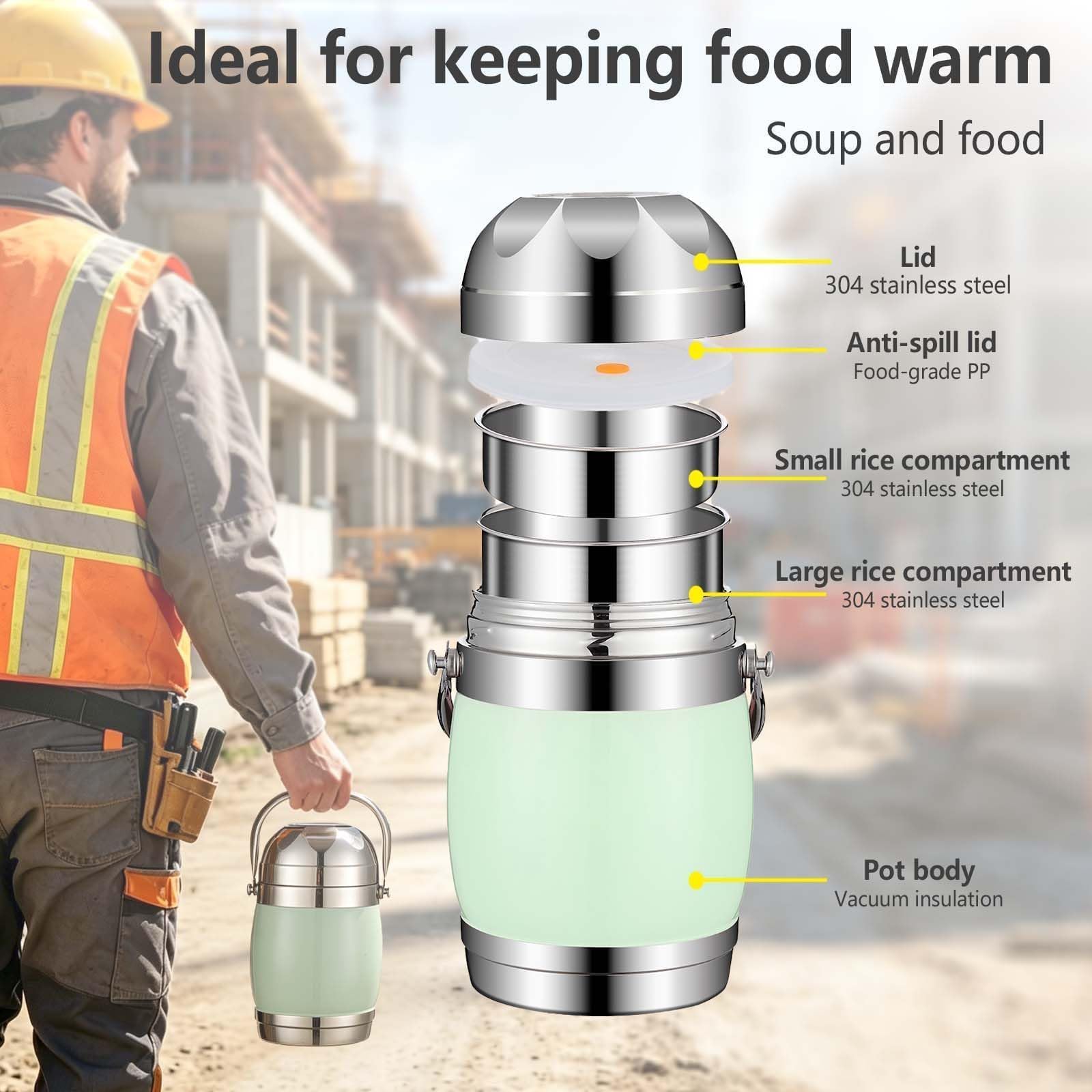 Gran Tarro de Alimentos Portátil de Acero Inoxidable al Vacío 1,7 L, 3 Niveles Apilables Bento Lunch Box, Hermético y Apto para Lavavajillas, Aislamiento 6h para Trabajo, Picnic, Camping, Verde