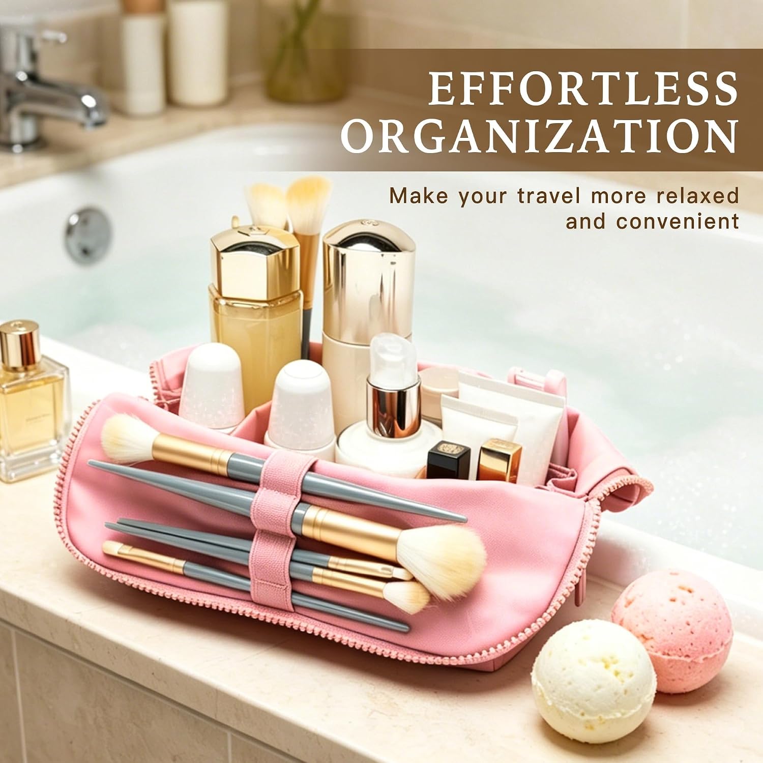 Minoisome Travel Makeup Bag,PU leather toiletry bag,make up organizer case for women,Large Capacity Cosmetic Bag,Wide-open Pouch Purse，Toiletries Accessories，Fold-Down Design and Adjustable Dividers.