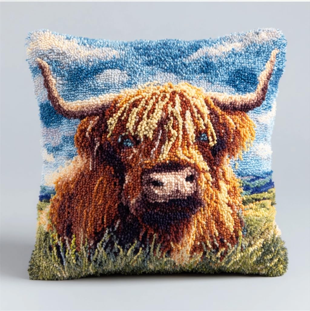 Taxpy Animal Latch Hook Kit Cushion,Highland Cattle,17X17Inch Pre-Printed DIY Pillow Materials Hooks Knitted Embroidered Pillow Embroidery Latch Hook Carpet for Adults
