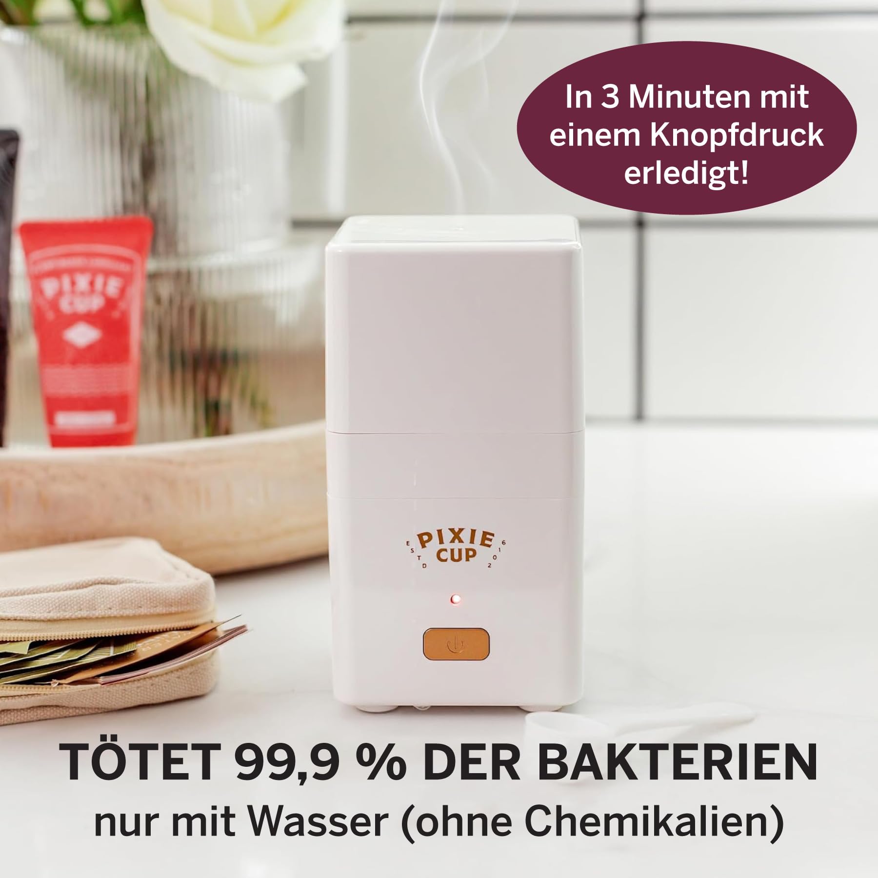 Menstruationsdisc mit Sterilisator – Platz 1 für komfortable weiche Perioden-Disc – Entfernt 99,9% der Keime mit Dampf – Reinigung in 3 Minuten – Kompaktes Hygieneset
