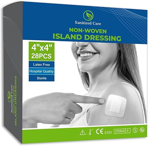 Apósito para islas de 4 x 4 pulgadas, paquete de 28 apósitos estériles con borde para heridas con adhesivo acrílico, vendaje de isla envuelto