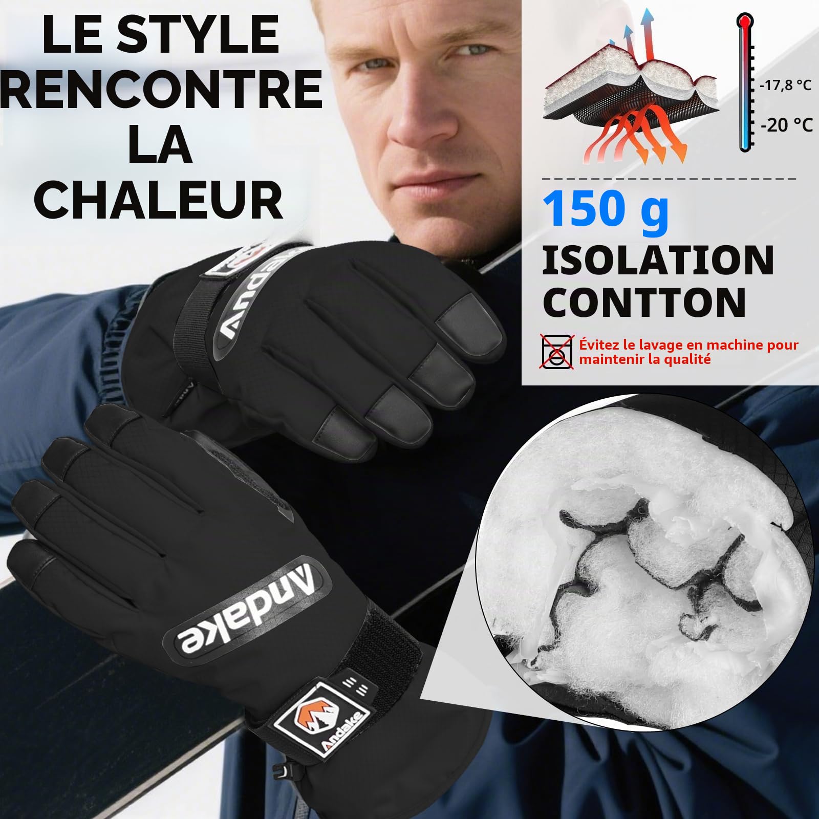 Andake - Gants de Ski Imperméables et Chauds pour Hommes, Femmes et Adolescents