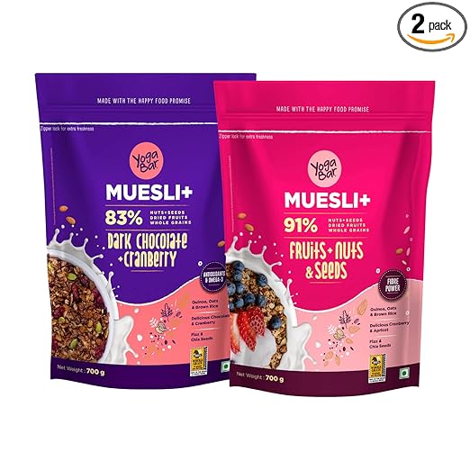 Wholegrain Breakfast Muesli Combo | Fruits, Nuts and Seeds 700gm | Dark Chocolate Cranberry 700gm | Nuts + Seeds, Dried Fruits, Whole Grains