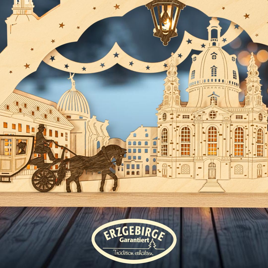 weigla - Schwibbogen original Erzgebirge I Motiv Dresden Frauenkirche I Lichterbogen Weihnachten I 15 Lampenkerzen + 1 Ersatzlampe I 15 x 16 V, 3 W, E10 I beleuchtete Weihnachtsdeko innen