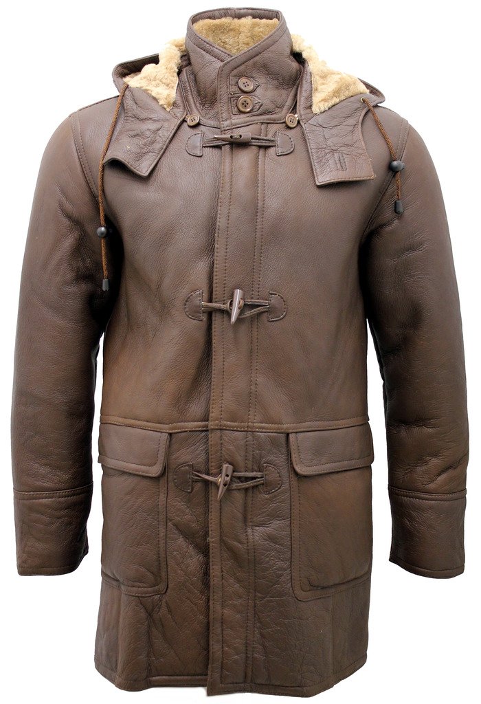 Infinity Herren Braun Schaffell-Leder abnehmbarer Kapuze Dufflecoat XL